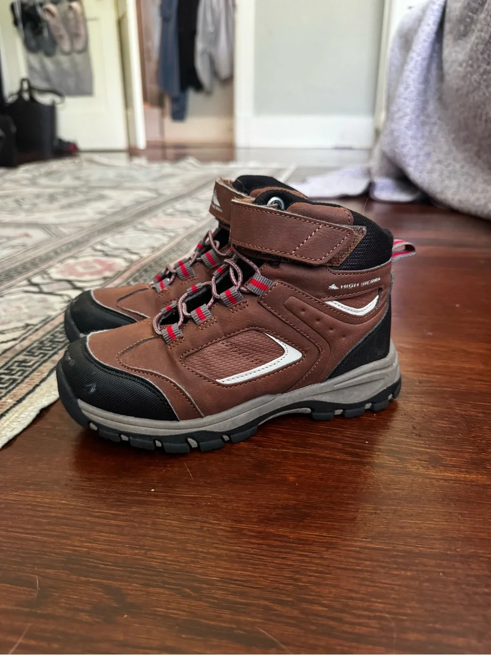 High Sierra Brown and Black Kids Hiking Boots with Red Accents